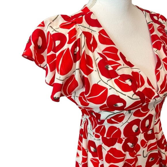Karakorum Floral Poppy Print V Neck Fit & Flare Short Sleeve Dress Women’s Sz Lg - Picture 5 of 14